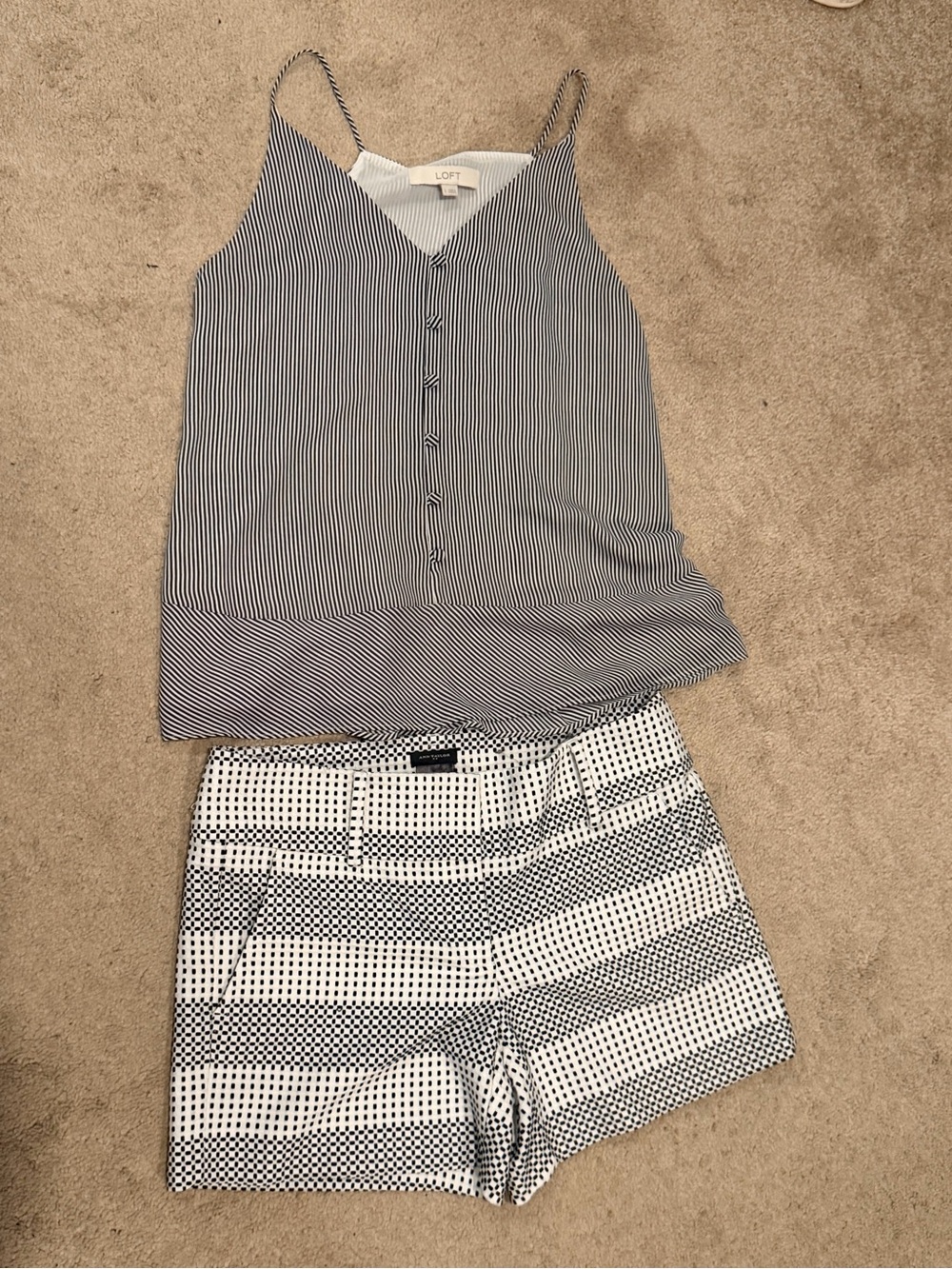 Ann Taylor Navy and White Striped Silk Camisole and Patterned Shorts Set